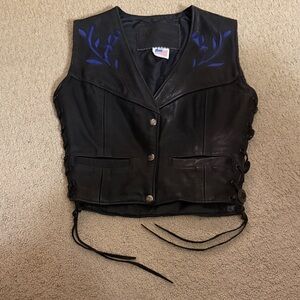 Black Leather Vest with Blue Embroidery